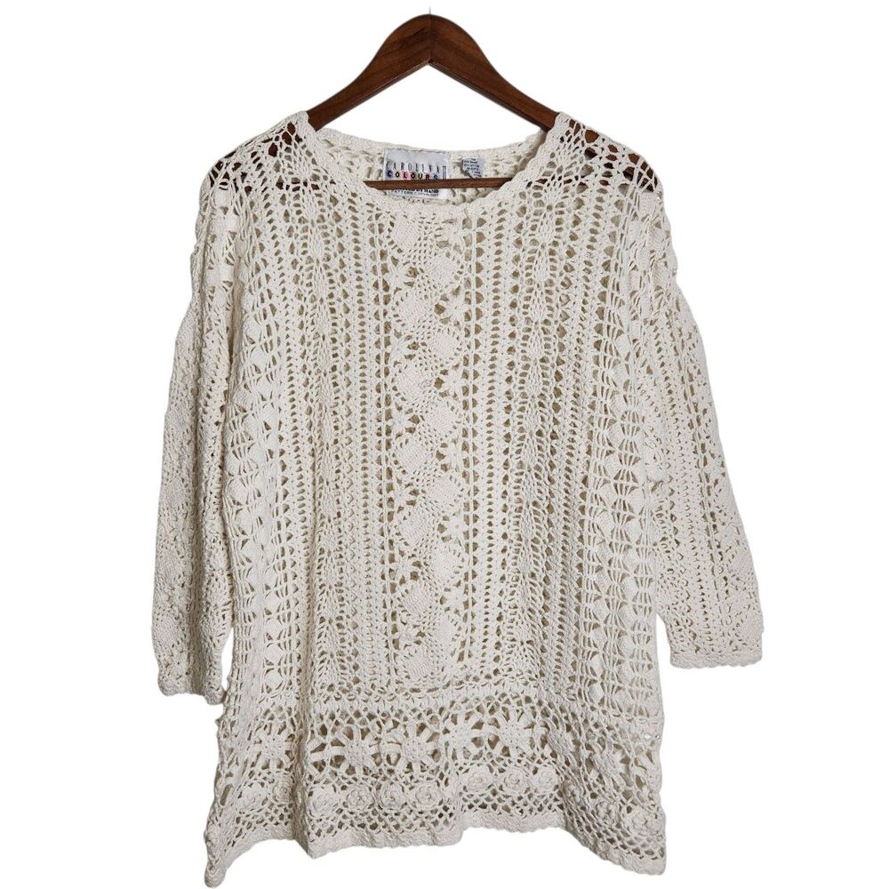 Vtg Carolina Colours Beige Open Knit Crochet Festival Boho LS Sweater Size 18